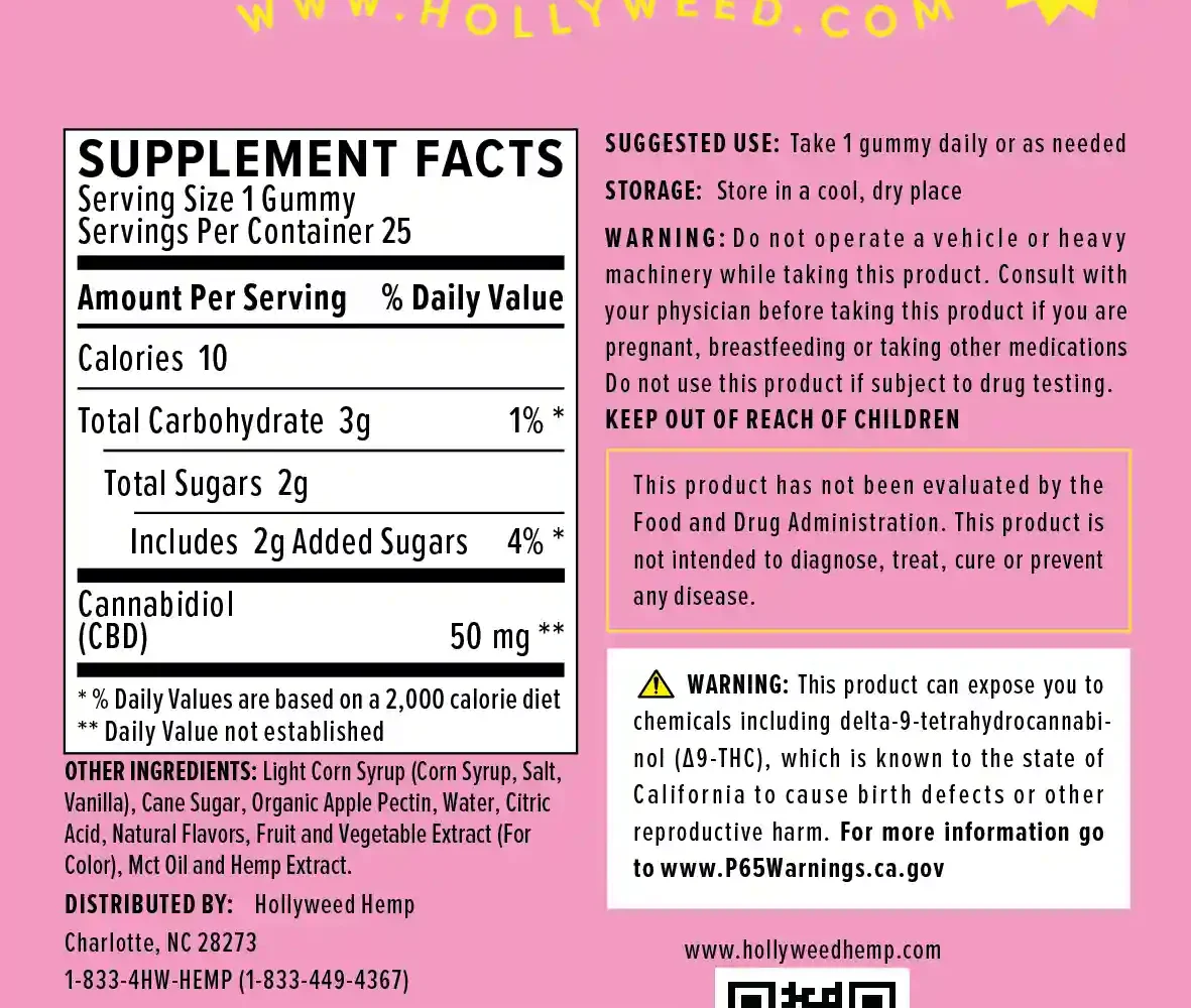 50mg cbd gummies - strawberry rose supplement facts